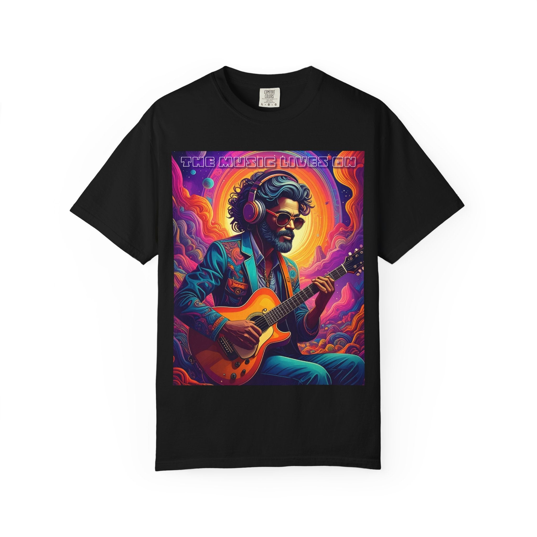 Psychedelic Guitarist T-Shirt — Vintage Sunset Music Poster Design