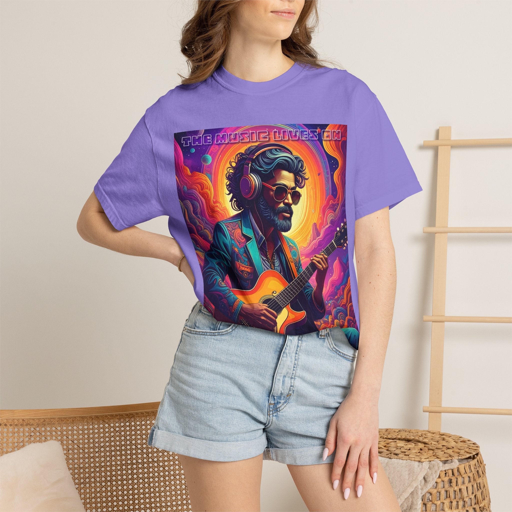 Psychedelic Guitarist T-Shirt — Vintage Sunset Music Poster Design