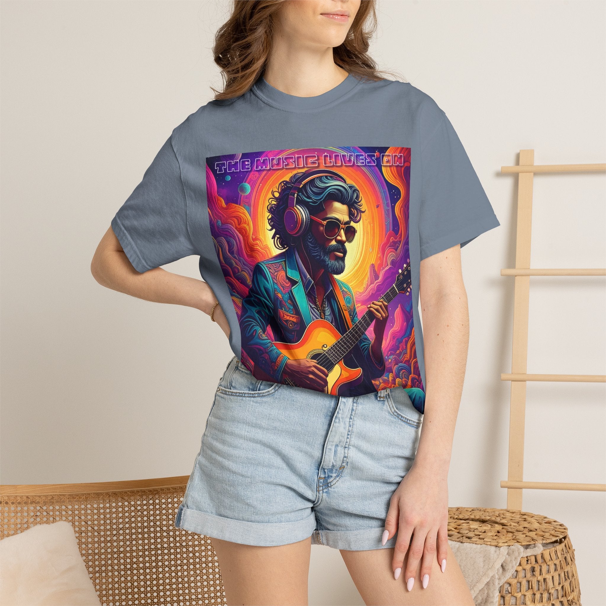 Psychedelic Guitarist T-Shirt — Vintage Sunset Music Poster Design