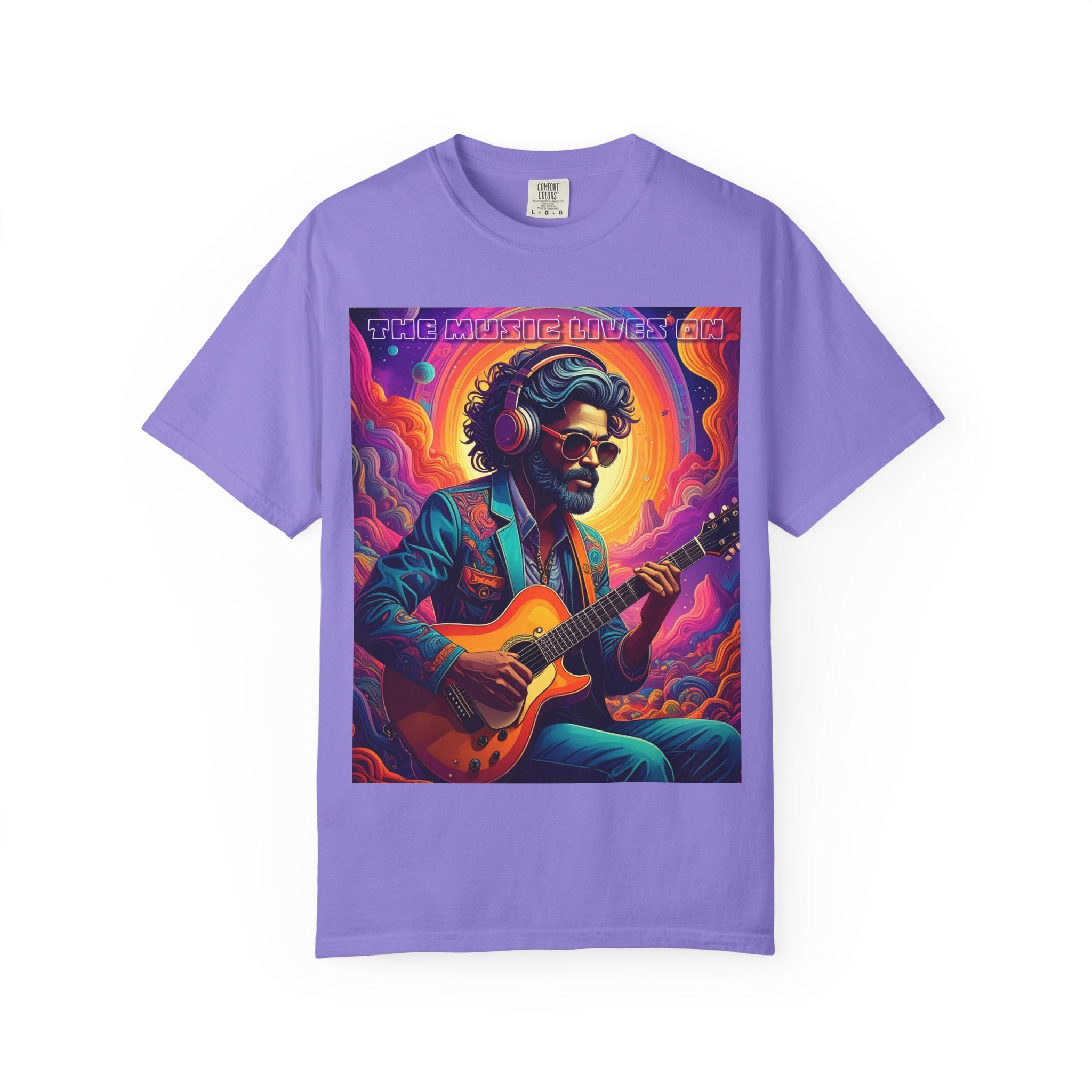Psychedelic Guitarist T-Shirt — Vintage Sunset Music Poster Design