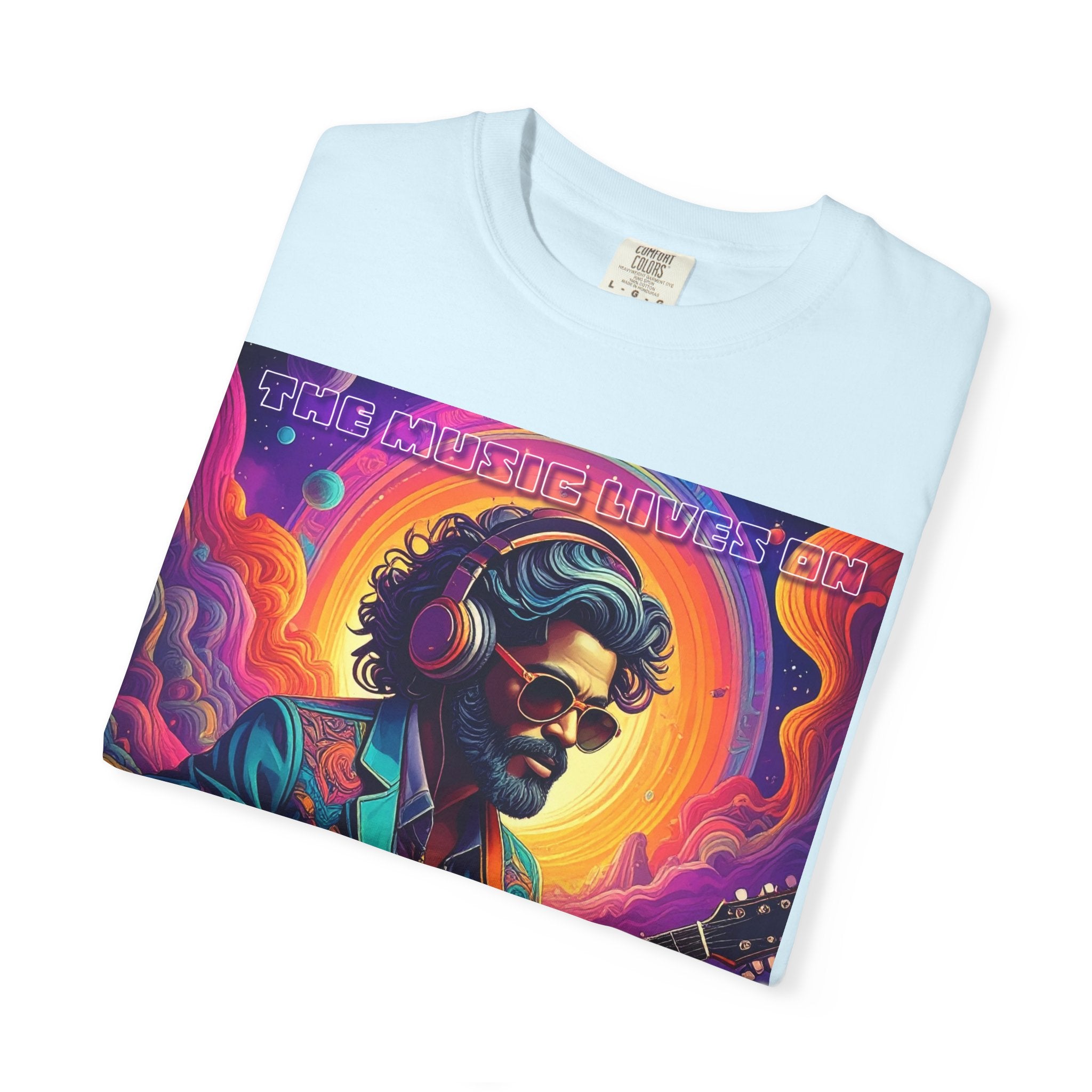 Psychedelic Guitarist T-Shirt — Vintage Sunset Music Poster Design